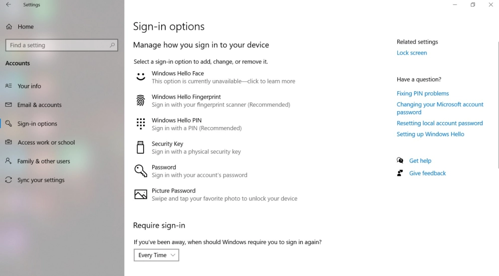 Giao diện “Sign-in options” trên Windows 10 với tùy chọn cài đặt mật khẩu